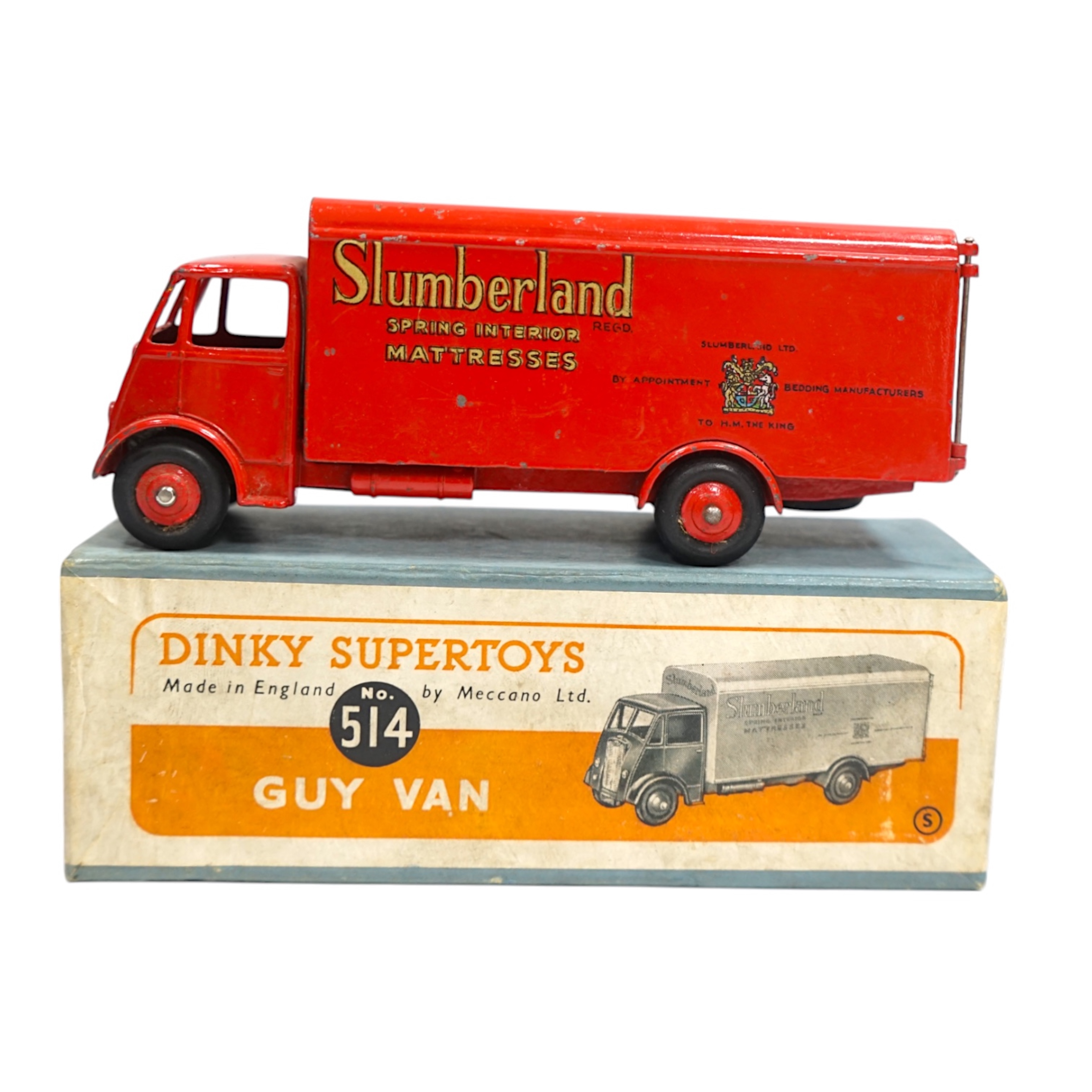 A boxed Dinky Supertoys (514) Guy van in Slumberland livery. Condition - fair to good, minor chipping to the van and fading to the lid of the box.